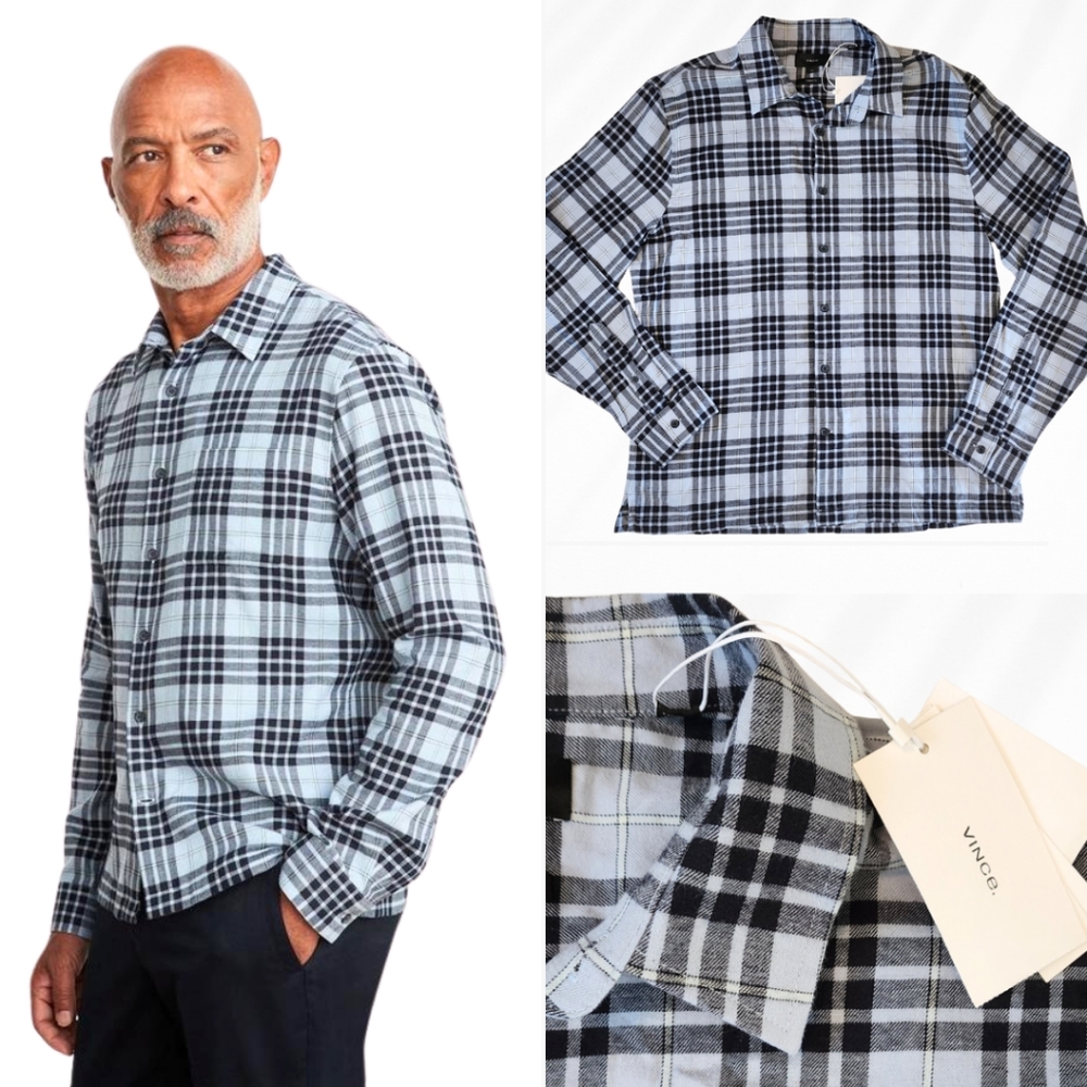 Vince Light Blue and Black Plaid Button-Down Shirt